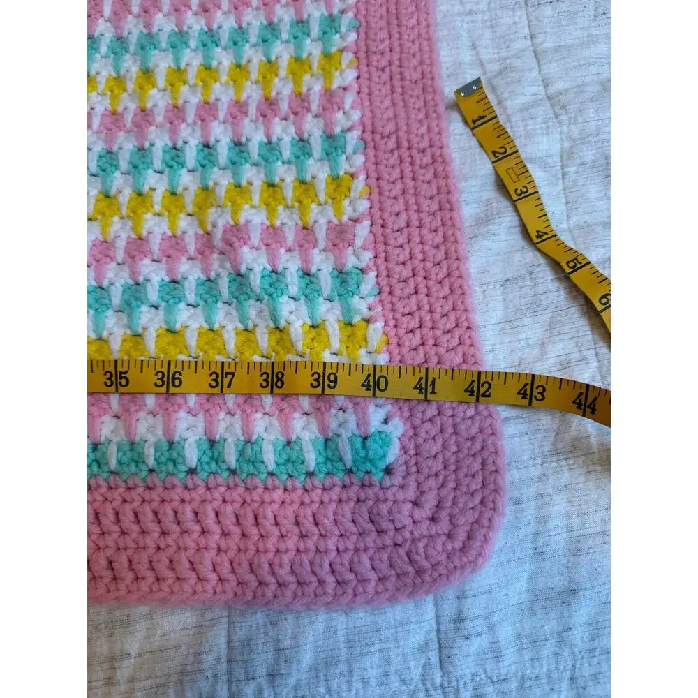 Handmade Crochet Unisex Baby Blanket Pink Yellow Blue Striped Pastels Granny VTG